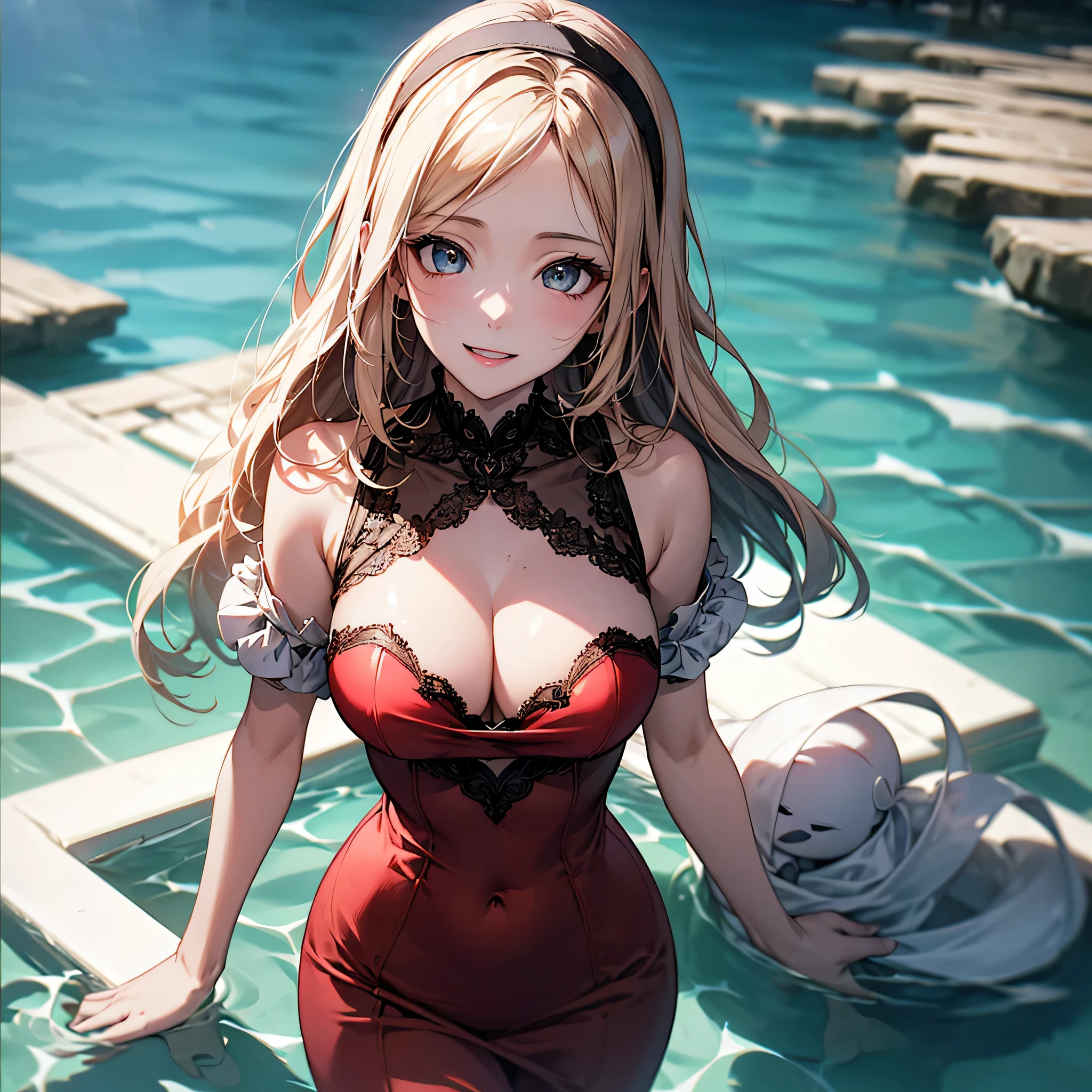 (Biologically correct limb count)、Full body, including face、4K、masterpiece、Focus on the face、Well-proportioned facial features、Delicate descriptive eyes、Beautiful woman、Excellent style、(head band、red gothic dress、High heels)、(smile)、(Close-up photo of the upper body)、look up、Photos with white borders、Looking into the camera、Standing on the surface of the water、