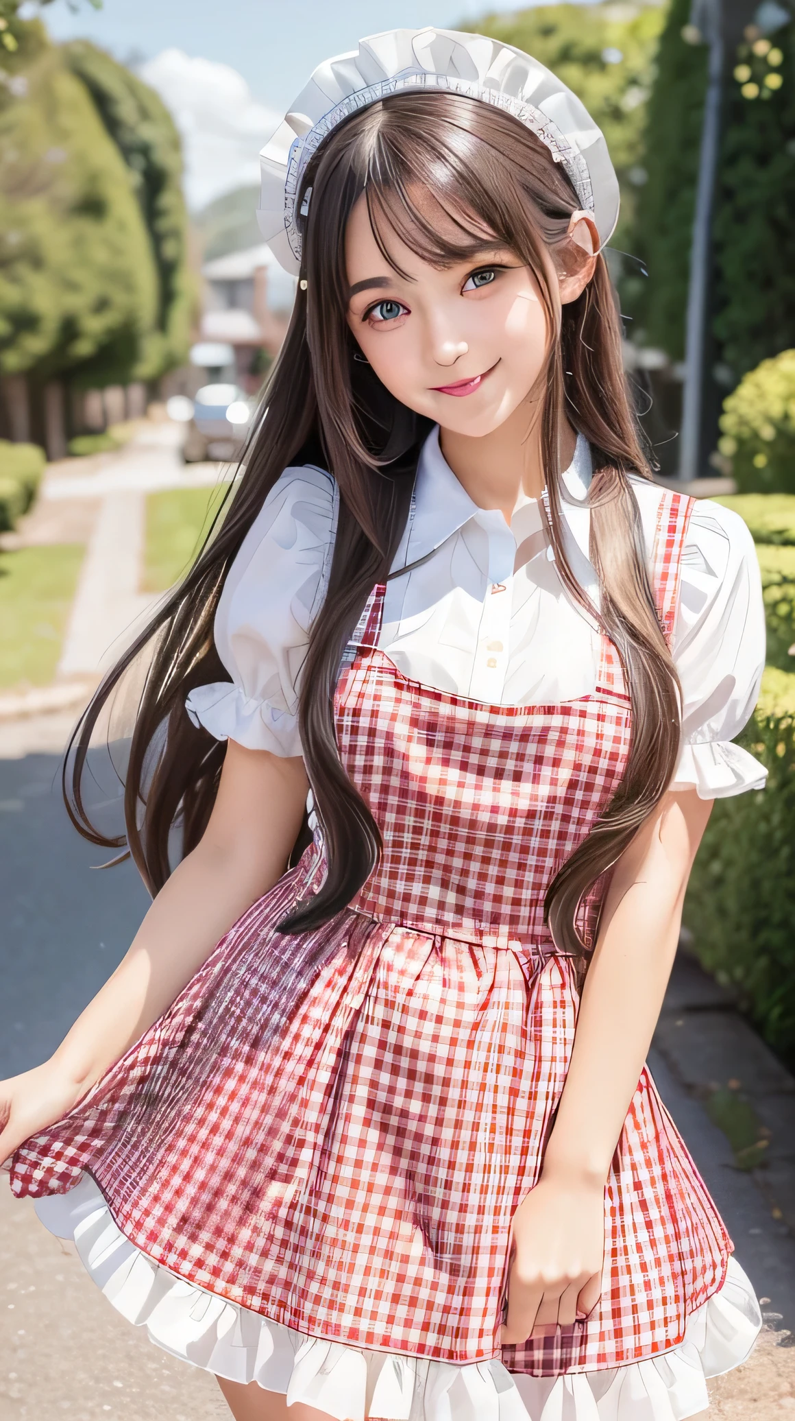 Very beautiful cute girl, very cute face,17 yo, sparking crystal clear attractive large eyes, best looks, Beautiful detailed eyes, Detailed double eyelids, (smiling), (realistic photograph:1.2), long straight hair、Super shiny white and metallic red gingham maid costume,beautiful apron and skirt, metallic red gingham Maid costume,cowboy shot,in the stree、