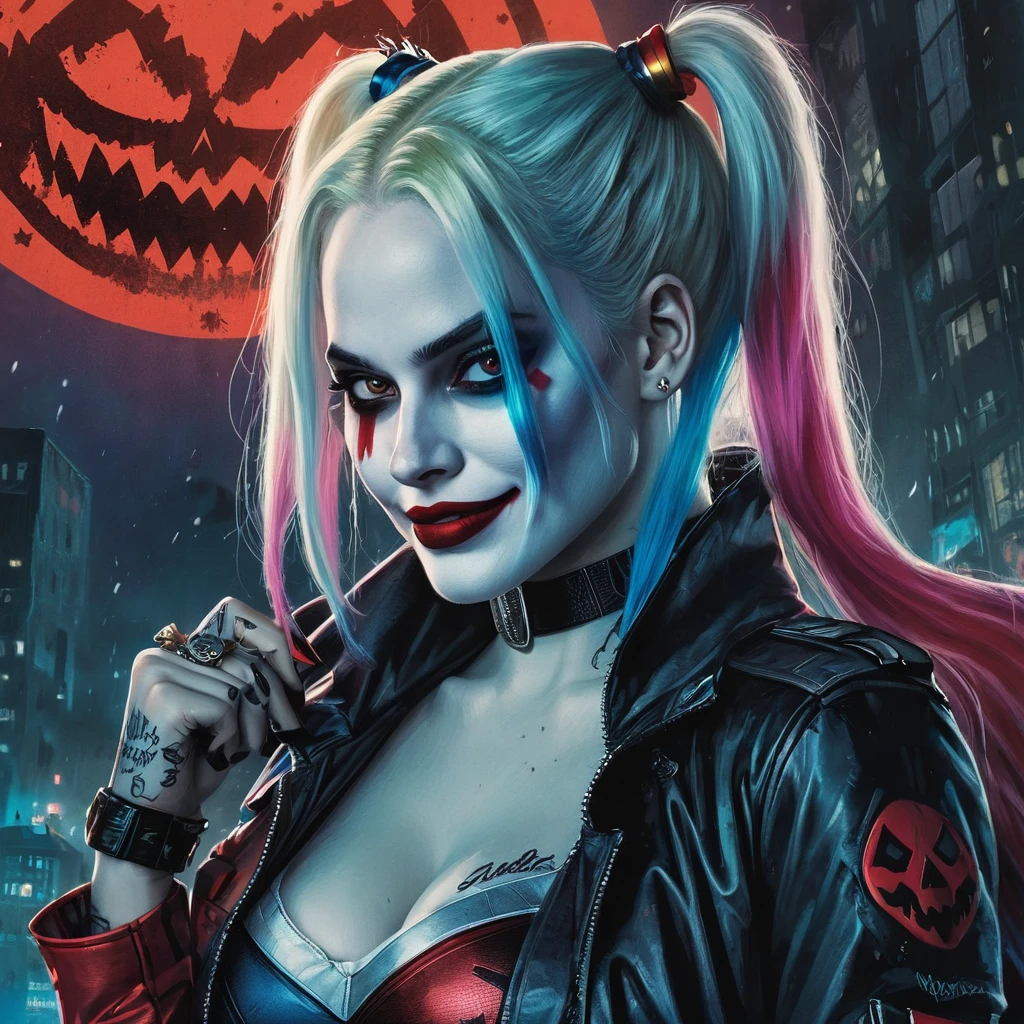((Need)), ((Masterpiece artwork)), (A detailed), (fantasy illustrations:1.3),(cinematic light,《Suicide squad》,the night:1.6),To mysterious aura two ghosts,red eyes,red moon,pay,,Close do morcego,Harley Witch, only, Dark black cloak,Great dynamic style injects mystery into the scene,Rich atmosphere of suspense and terror。Harley Quinn's serious expression conveyed a sense of danger and intrigue,'Cause she navigated dark and sinister streets,Sinister characters hiding in the shadows,Her menacing presence adds to the suspense。The scene is filled with dramatic lighting,Cast a mysterious glow and deep shadows,Create a sense of impending doom and terror。Street light at night,Detailed representation of the branch and lanterns texture,Lanterns hanging from trees,It has flowers on it, dark lighting,background bokeh,soft lighting, dim and dim lights, Scary lantern lighting,Peaceful and spooky atmosphere,mysterious and dark,Detailed lighting effects,Smooth color transitions,Lantern branches are depicted in a frightening way。Ghosts float in the smoke, seducing gaze, Mysterious sky,Moon Night, pastel colored, (A high resolution:1.2)