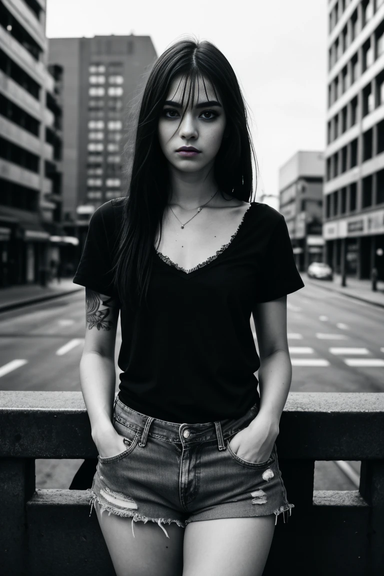 a beautiful 18 year old slim and sexy woman, emo girl, black short sleeve dress, denim shorts, detailed face, long eyelashes, intricate makeup, moody expression, cinematic composition, grungy urban environment