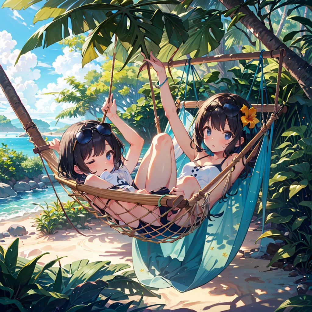 Masterpiece, highest quality, high resolution background, bright and beautiful atmosphere, 3 girls (, 1 short-tempered round face), 1 (hair, surface effects), small breasts, hammock between tropical trees A girl sleeping in a hammock, sunglasses, one piece, a mini pig hanging from a tree, a mini pig buried in the sand, "deltamon_sdXL :0.73) >Deltamon"