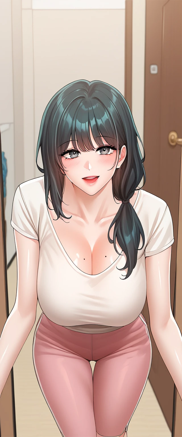 score_9,score_8_up,score_7_up, source_anime, looking at viewer, smile, blush, fw.yerin, best quality, masterpiece, ultra-detailed, high quality, highres, 1girl, mature female, black hair, side low ponytail, beautiful, beautiful and perfect face, detailed eyes, detailed eyelashes, smile, open mouth, looking at viewer, white t-shirt, pink shorts, large breasts, curvy body, POV, close shot, from the front, standing, (full body), in home, open the door, leaning forward