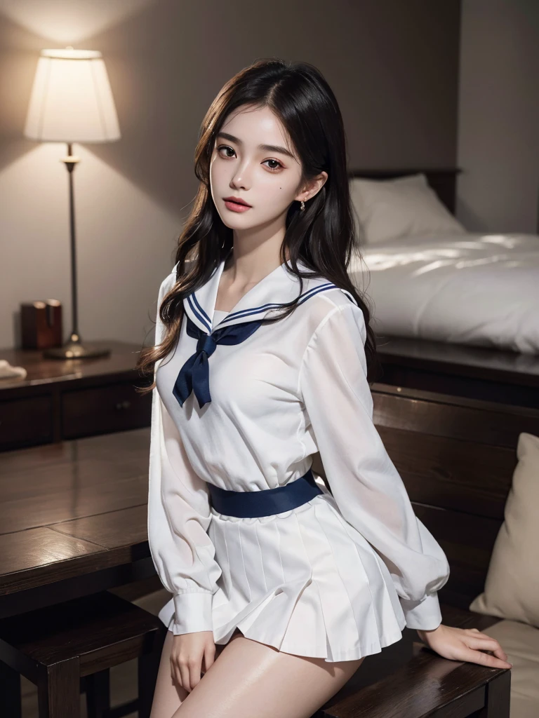 absurdres, RAW photo, extremely delicate and beautiful, masterpiece, Best Quality, ultra high resolution, 32k, hyperrealistic, ultra-detailed, perfect anatomy, super Detailed skin, perfect figure, Super Beauty, Perfect Style, Perfect balance, Beautiful Lighting, Perfect Lightning, Realistic Shadows, 20 years old, very Slim body, narrow waist, very small head, very small face, delicate facial features, handsome detailed woman, very detailed eyes and face, realistic face proportions, Realistic beautiful face, Realistic beautiful eyes, tearful mole, earring, very huge round breasts, legs, medium hair, asymmetrical hair, whole body shot, indoor, short skirt, ((sailor uniform)),