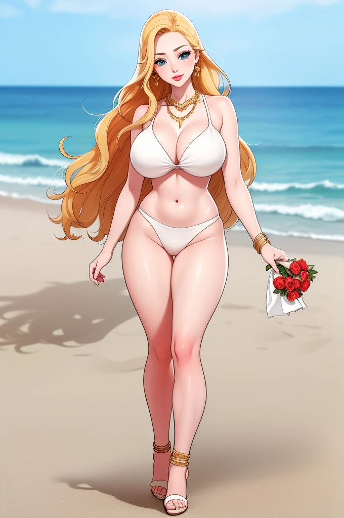 An extremely beautiful stunning woman with a perfect busty body, gold blonde long silky hair, big blue eyes, extremely super bright snow white fair stunning flawless glowing lush shiny flawless white skin, a perfect tight hourglass figure, and a very skinny thin waist, sexy thick smooth luscious legs, and thighs, extremely cute smile on the face, bright pink blushes on cheeks, wearing a short revealing white bikini with threads, yellow heels, gold necklace on the neck, gold anklets on feet, gold chain on the waist, standing straight, holding a red roses bouquet, beach in the background, show full body from head to feet.