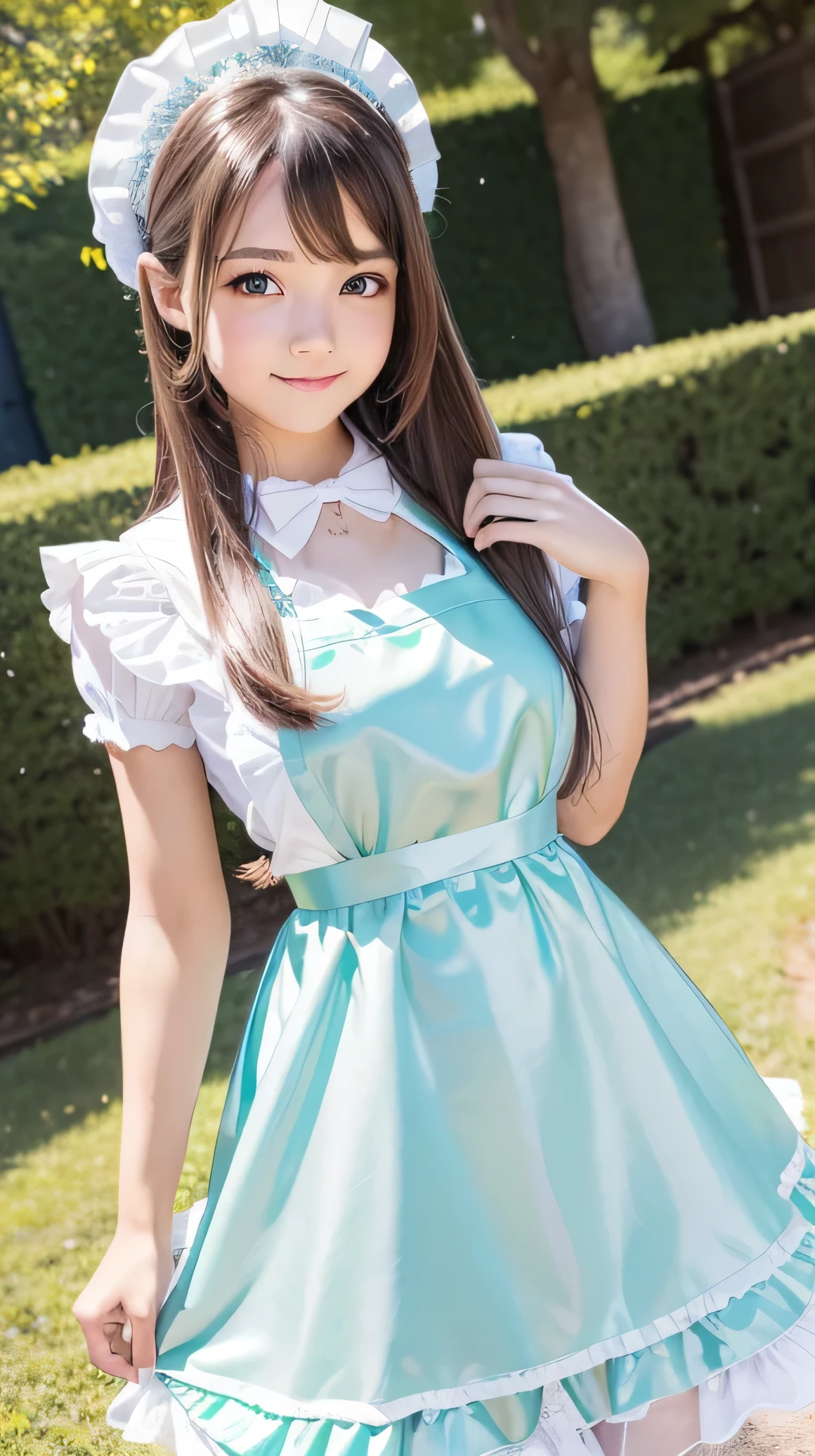 Very beautiful cute girl, very cute face,14 yo, sparking crystal clear attractive large eyes, best looks, Beautiful detailed eyes, Detailed double eyelids, (smiling), (realistic photograph:1.2), long straight hair、Super shiny white and metallic mint gingham maid costume,beautiful apron and skirt, metallic mint gingham Maid costume,cowboy shot,in the stree、