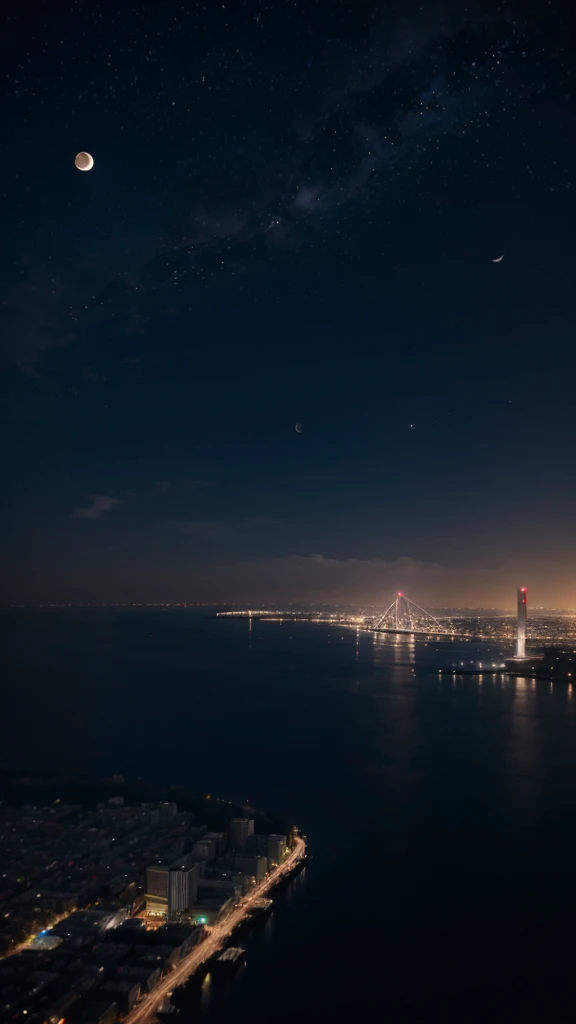 City's night sky with a crescent moon and stars., super details, realistic 8k