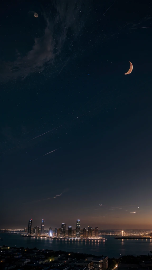 City's night sky with a crescent moon and stars., super details, realistic 8k