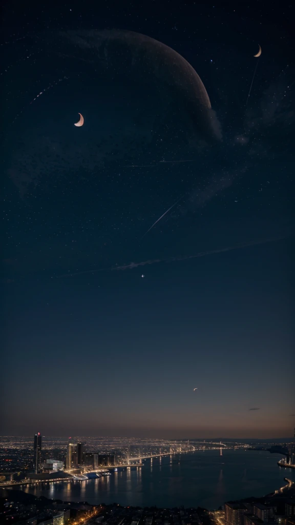 City's night sky with a crescent moon and stars., super details, realistic 8k