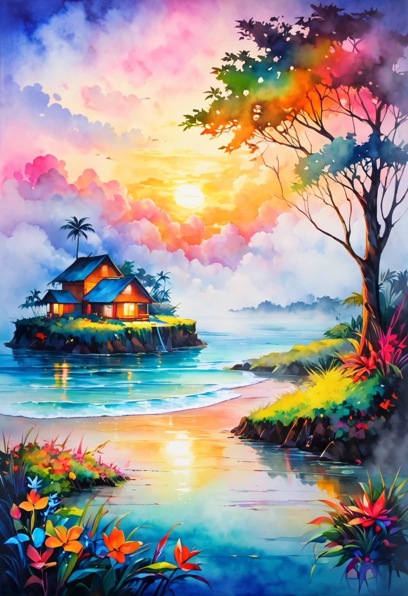 painting on canvas, living alone on a deserted island, conceptual installation art, 2.5D, delicate and dynamic, fusion of watercolors and oil paintings, magic of vivid color shades and contrasts, gradation, foggy filter effects