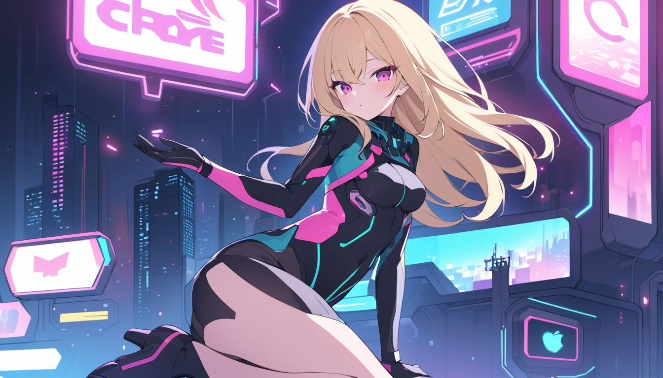 Create a side view, full-body illustration of a seductive blonde anime girl leaning against a wall in a provocative pose. She should be wearing tight, futuristic clothes that emphasize her curves, with high-tech fabrics and accessories. Use vibrant neon colors for her outfit and the background to create a lively and energetic atmosphere. The background should feature a cyberpunk cityscape with neon lights. Ensure the image is in a resolution suitable for an iPhone wallpaper, capturing the futuristic and seductive theme effectively