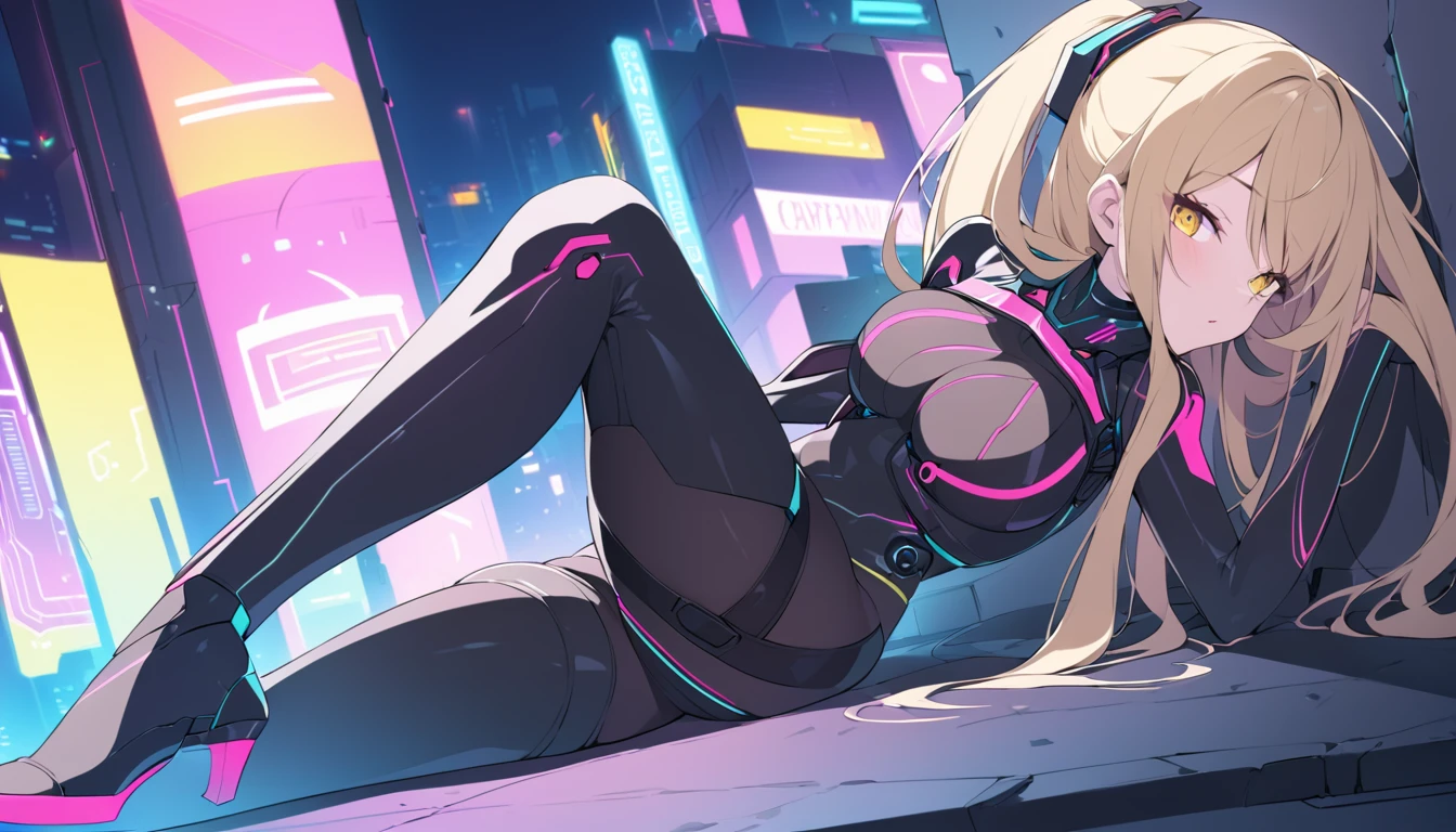 Create a side view, full-body illustration of a seductive blonde anime girl leaning against a wall in a provocative pose. She should be wearing tight, futuristic clothes that emphasize her curves, with high-tech fabrics and accessories. Use vibrant neon colors for her outfit and the background to create a lively and energetic atmosphere. The background should feature a cyberpunk cityscape with neon lights. Ensure the image is in a resolution suitable for an iPhone wallpaper, capturing the futuristic and seductive theme effectively