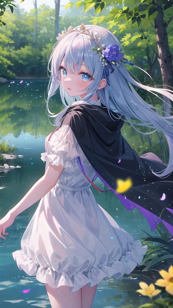 (8k, best quality, master piece: 1.2),super high resolution,1 girl, 独奏, ((colorshift eyes, hyperdetailed, expressive eyes)), ultra-detailed face, random hair, random color, Ecstatic expression, cowboy shot, Standing by a quiet lake in the woods、Girl gazing at the lake。Her shadow is reflected on the lake。Flowing chiffon dress、Long cape on the back、Natural flowers in hair々Woven flower crown。