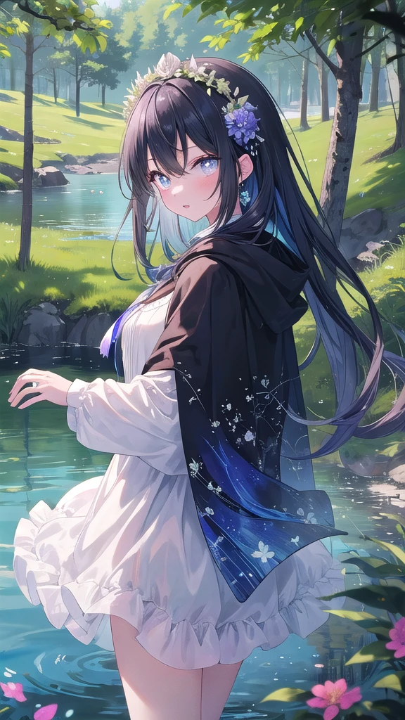 (8k, best quality, master piece: 1.2),super high resolution,1 girl, 独奏, ((colorshift eyes, hyperdetailed, expressive eyes)), ultra-detailed face, random hair, random color, Ecstatic expression, cowboy shot, Standing by a quiet lake in the woods、Girl gazing at the lake。Her shadow is reflected on the lake。Flowing chiffon dress、Long cape on the back、Natural flowers in hair々Woven flower crown。