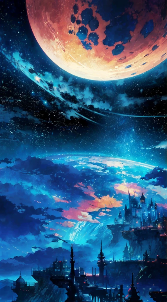You can see the city in the distance,Medieval Europe,Fantasy,Fantasy,Beautiful sky anime scene with stars and planets, Space Sky. by makoto shinkai, anime art wallpaper 4k, anime art wallpaper 4k, Anime Art Wallpapers 8K, anime wallpaper 4k, anime wallpaper 4k, 4k anime wallpaper, Anime Sky, Awesome Wallpapers, Anime Background, Heavenly planets in the background, Anime Background art