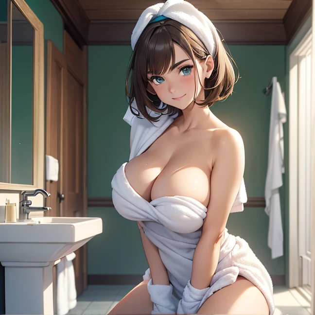 Master piece, best high quality image, carefully detailed details and textures, alone character, full body view
{{(1character: 50 years old brown haired human woman noble: (fair skin, short straight brown hair, beautiful blue eyes, beautiful face, sharp eyebrows, voluptuous figure, big breasts, beautiful legs, gentle smile, crouching position), (green headband, white towel covering body), (restroom))}}