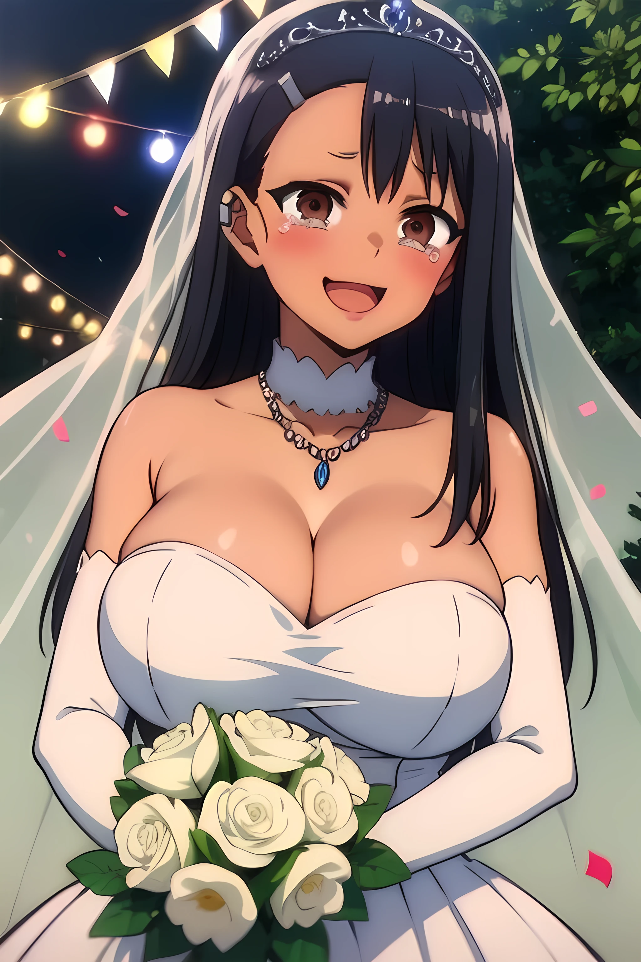 masterpiece, best quality, highres, aaichika, tiara, bridal veil, necklace, cleavage, wedding dress, strapless dress, white dress, white gloves, elbow gloves, garden on background, smile, open mouth, tears, upper body, confetti, holding bouquet, bouquet, Pink lipstick on the lips, huge breasts, shining breasts, nagatoro hayase, hair ornament, brown eyes, hairclip ,dark skin, black hair, huge breasts, big breasts, rounded tits, rounded breasts, seductive