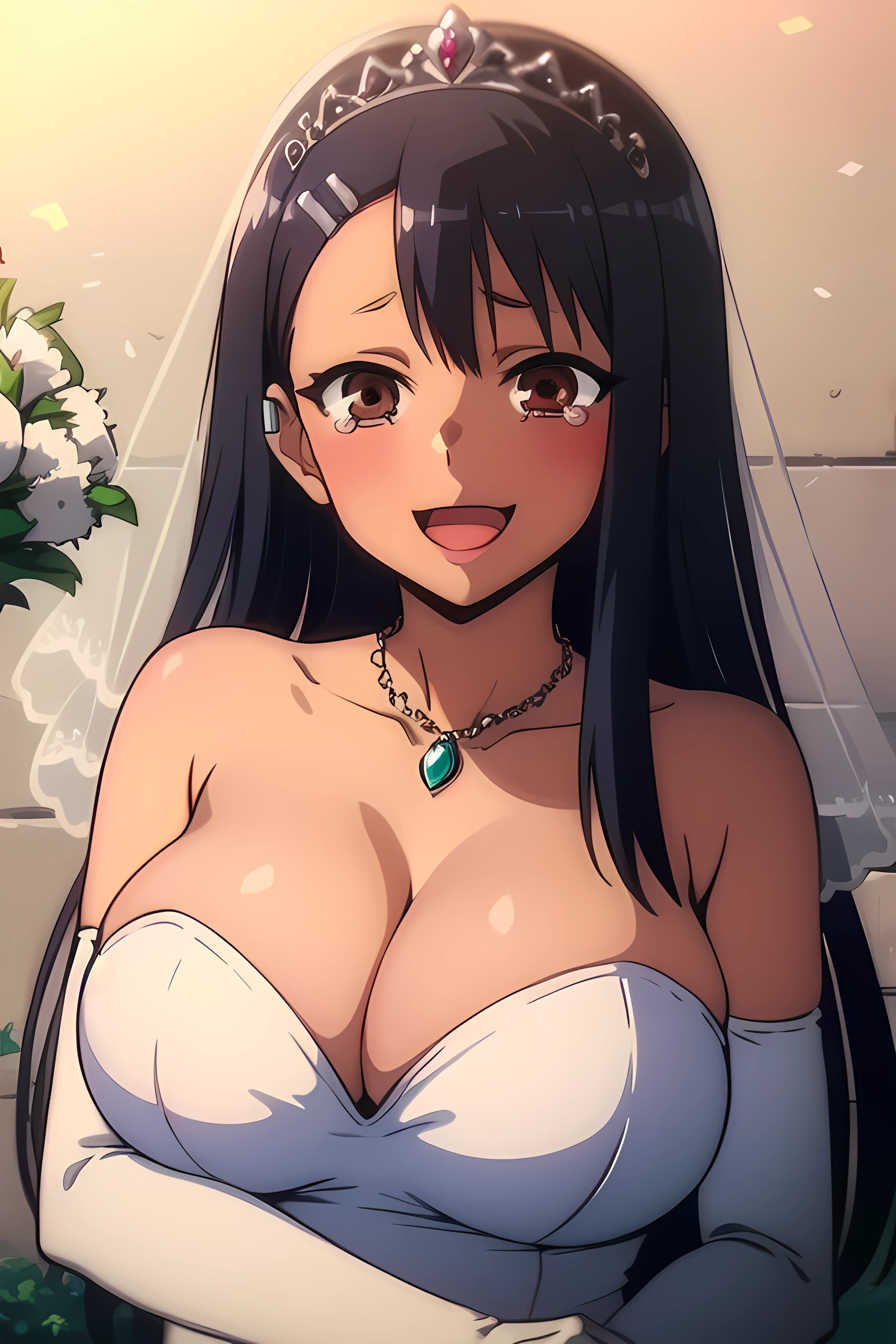 masterpiece, best quality, highres, aaichika, tiara, bridal veil, necklace, cleavage, wedding dress, strapless dress, white dress, white gloves, elbow gloves, garden on background, smile, open mouth, tears, upper body, confetti, holding bouquet, bouquet, Pink lipstick on the lips, huge breasts, shining breasts, nagatoro hayase, hair ornament, brown eyes, hairclip ,dark skin, black hair, huge breasts, big breasts, rounded tits, rounded breasts, seductive