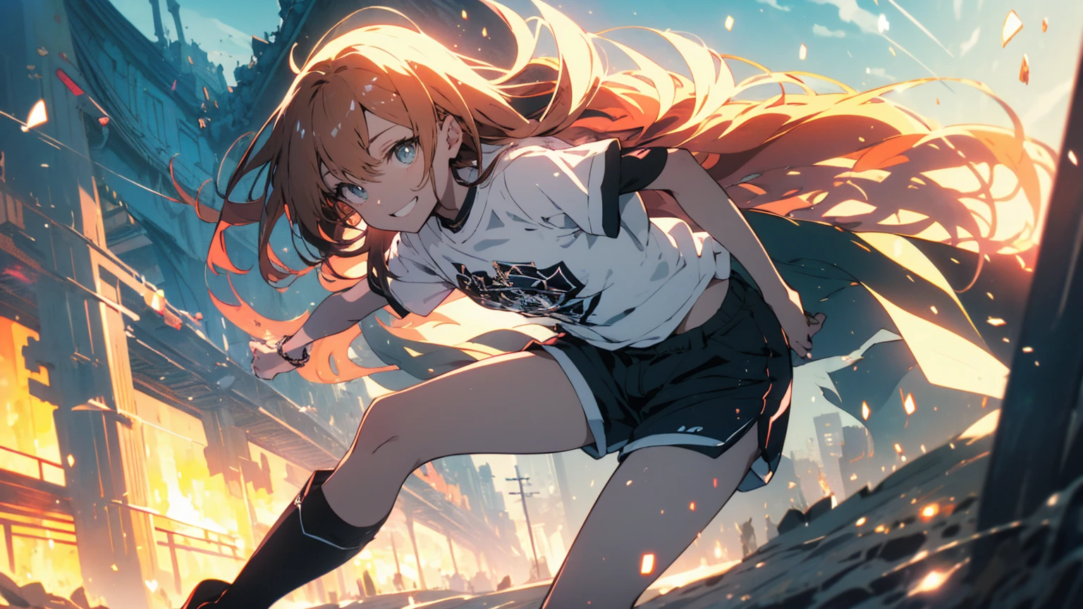 (Highest quality、masterpiece、High resolution、detailed)、(Shining Eyes、detailed美しい顔)、1 Girl、(T-Shirts,Shorts),smile,short boots,outskirts、Slope background、Beautiful Anime