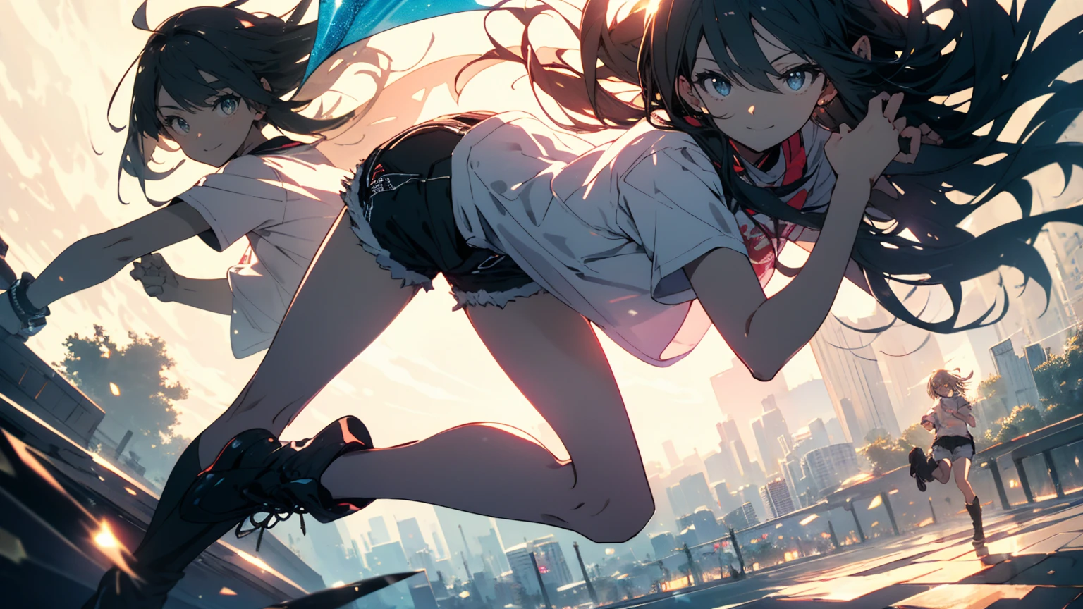 (Highest quality、masterpiece、High resolution、detailed)、(Shining Eyes、detailed美しい顔)、1 Girl、(T-Shirts,Shorts),smile,short boots,outskirts、Slope background、Beautiful Anime