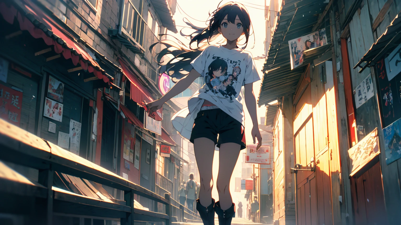 (Highest quality、masterpiece、High resolution、detailed)、(Shining Eyes、detailed美しい顔)、1 Girl、(T-Shirts,Shorts),smile,short boots,outskirts、Slope background、Beautiful Anime