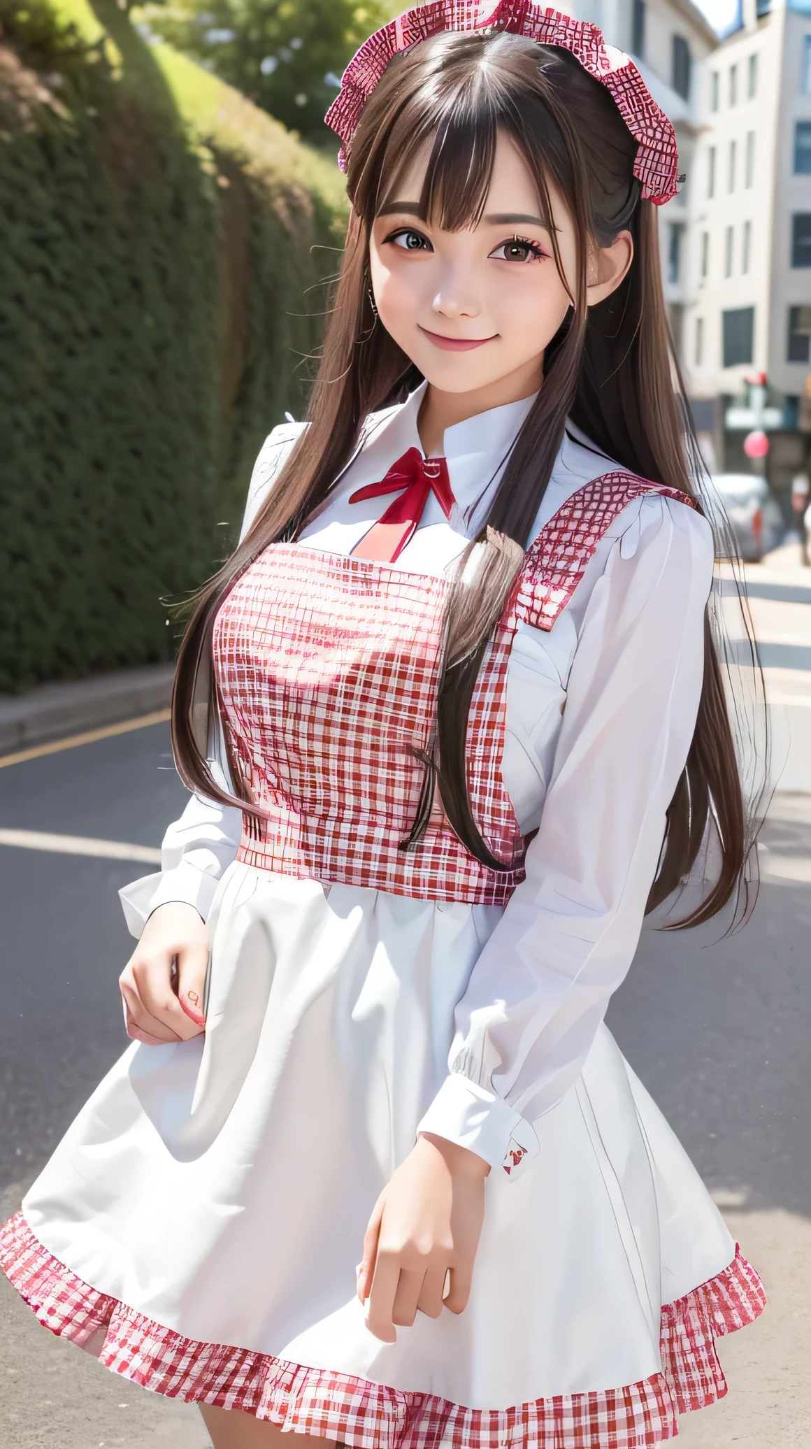 Very beautiful  cute girl, very  cute face,, sparking crystal clear attractive large eyes, best looks, Beautiful detailed eyes, Detailed double eyelids, (smiling), (realistic photograph:1.2), long straight hair、Super shiny white and metallic red gingham maid costume,beautiful apron and skirt, metallic red gingham Maid costume,cowboy shot,in the street、