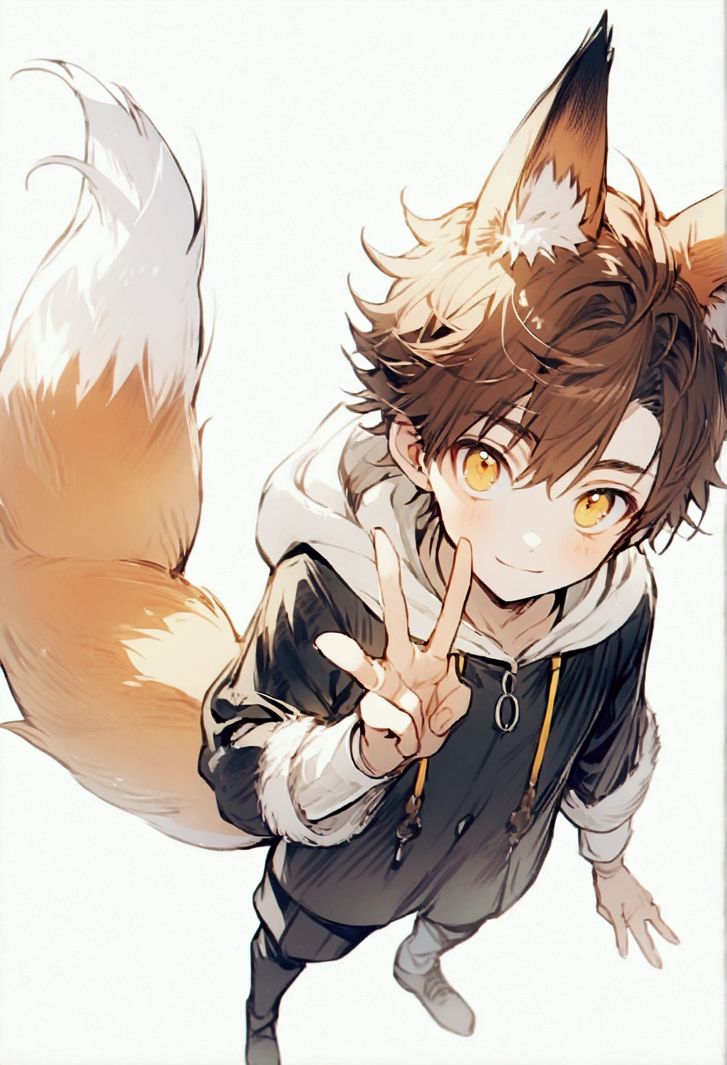 bird's eye view,,fullbody,(((1boy))),{{{a little boy}}},hood, beautiful dark orange hair, Short hair, slightly fluffy, with naturally curly ends ,beautiful yellow eyes,fox ears,1fox tail,peace hand,light smile,whitle background,