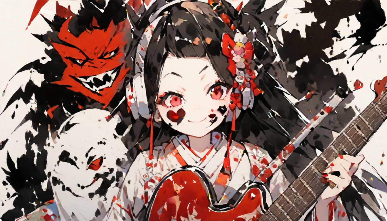 (((Ink Painting))), (((1 girl))), (((Heart tattoo on face))), (((Gorgeous hair accessories))), Japanese style headphones, (((guitar bass))), Japanese Beauty, Black Hair, smile, devil, Droopy eyes, Red eyes