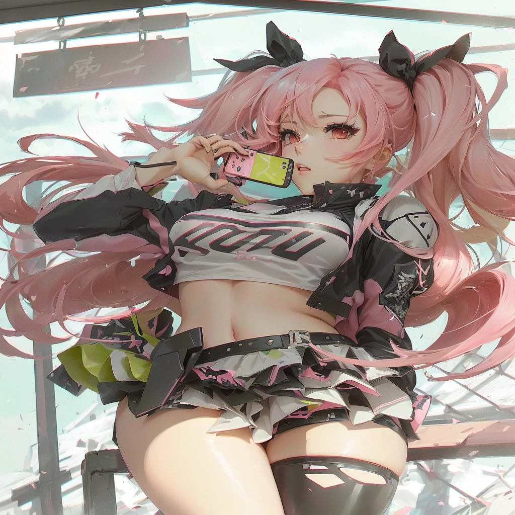 Anime girl with pink hair and black and white outfit holding a mobile phone, Best anime 4k konachan wallpaper, trending on artstation pixiv, Gouvez, pixiv 3dcg, top rated on pixiv, Gouvez on pixiv artstation, pixiv, anime style 4k, Gouvez on artstation pixiv
