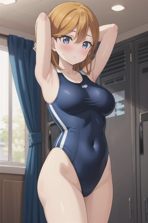 Embarrassed　blush　Big Breasts　Navy blue old school swimsuit　Armpits　locker room