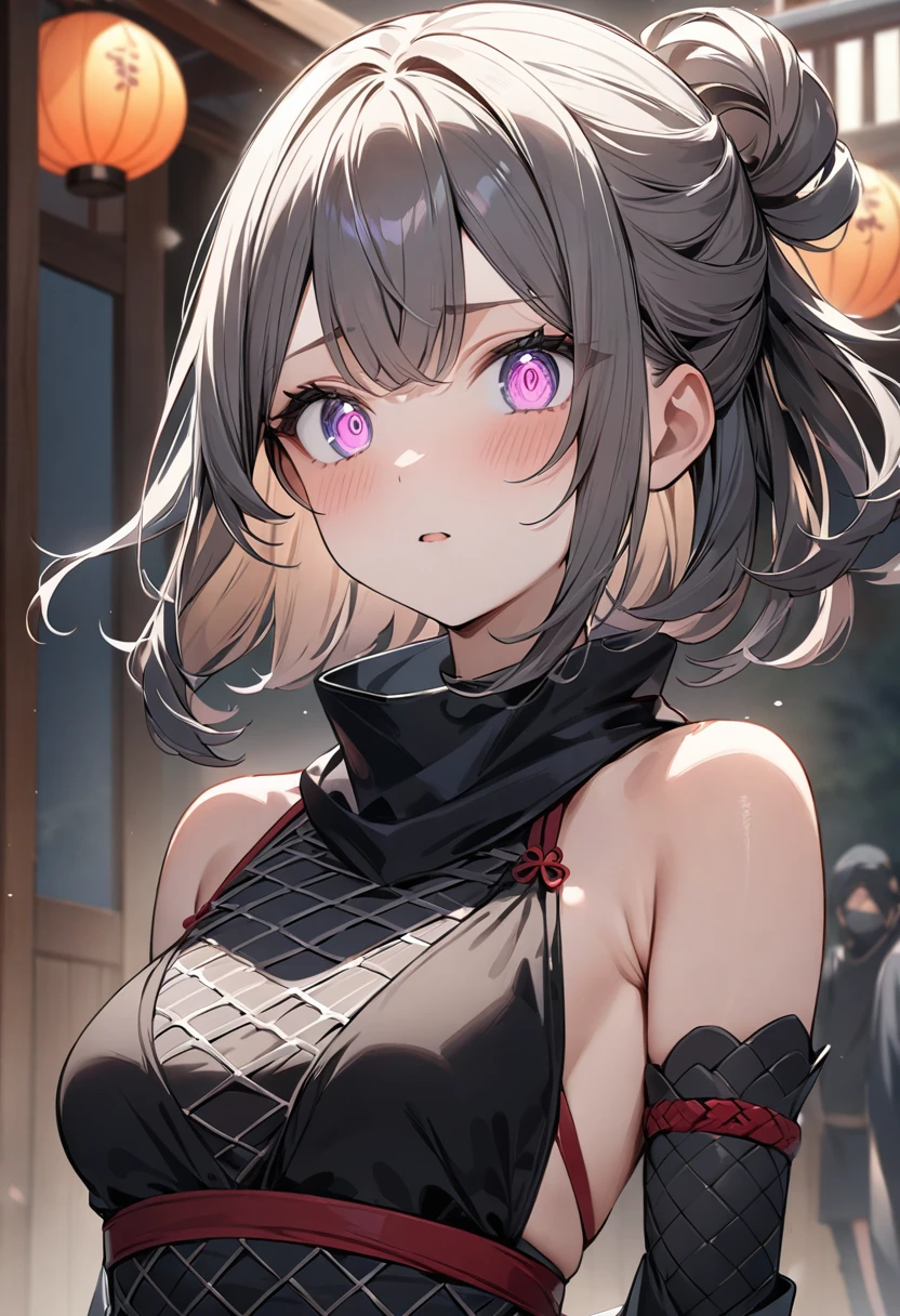 (masterpiece, top quality, very aesthetic, 4k、illustration), intricate detail, 1girl,Standing 、(upper body)、clear face、(Swirling eyes)、,
Cute 、Random Hair Color、,middle hair,sidelock ,Random Color eyes、ninja clothes、small breasts、Slim 、