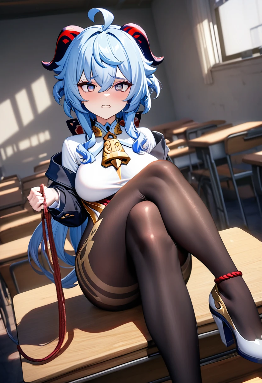 absurd, 8k, high resolution, ultra detailed, vivid colors, wallpaper, perfect lighting, beautiful skin, perfect shadows, beautiful eyes, detailed eyes, detailed face, beautiful face, masterpiece, best quality, detailed clothing, full body , you can see the girl's entire body, ganyu genshin impact, tall woman, face with a serious and rape and troll expression, she is in a classroom , medium breasts, oppai, huge thighs, white shiny heels,black pantyhose,white shirt,black jacket,sitting on desk, golden lines on pantyhose,leash in hand,holding leash,offer her leg to viewer,front view, crossed legs , serious face,troll face,rape face ,sits at angle,carrying leash