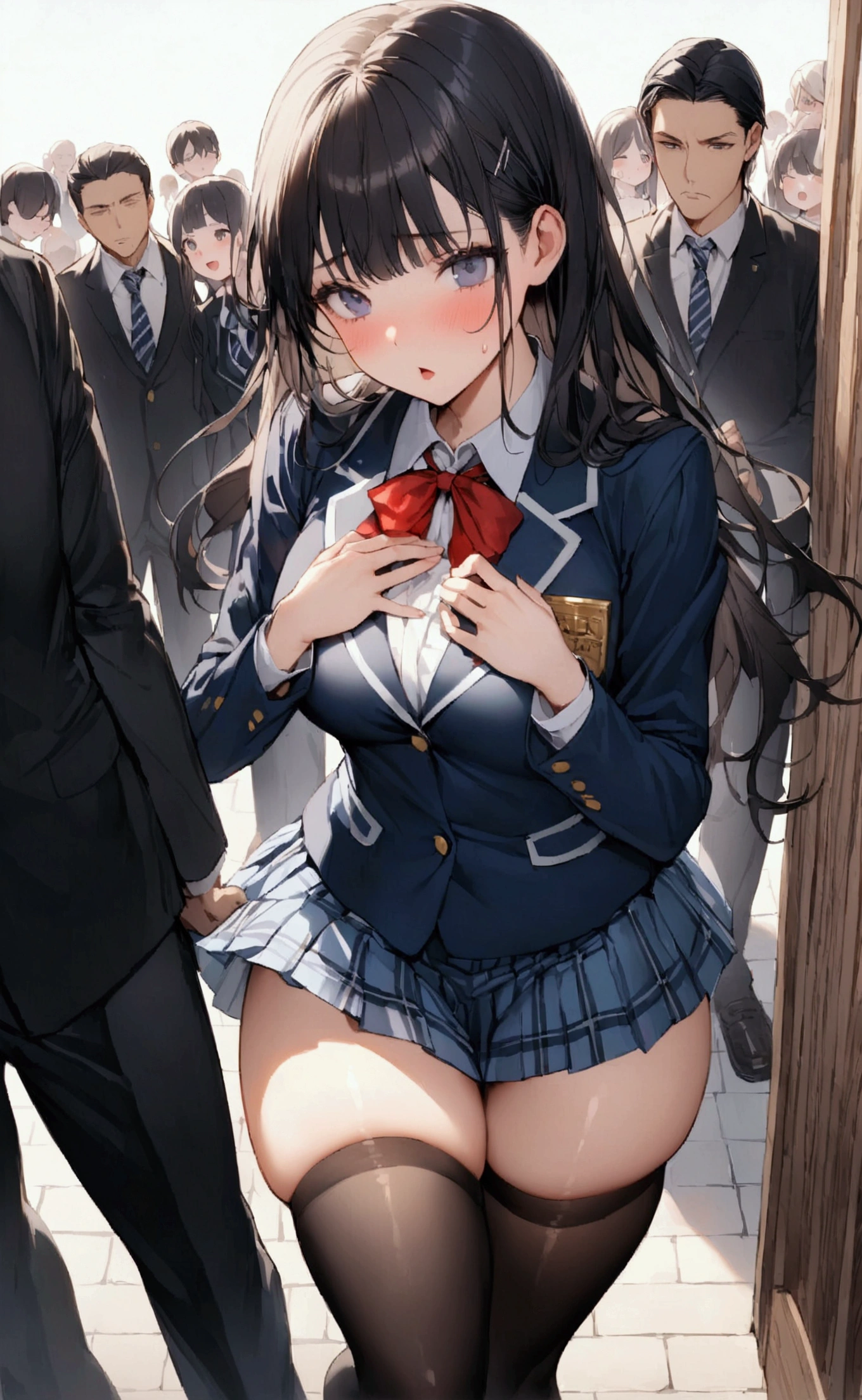One Woman、One Man、beautiful girl、after school、evening、high school girl、School Nameplate、Blazer uniform、Pleated skirt、Black knee-high socks、Long Hair、In front of the school gate、Highest quality, Thick thighs、Big 、White panties、Black Hair、Pounding face、A crowd going home from school、In front of the school gateで待つ仕草、A handsome man walks in from the back.、Lean your back against the wall、Holding his chest with both hands、Handsome guy puts his hand on girl's shoulder