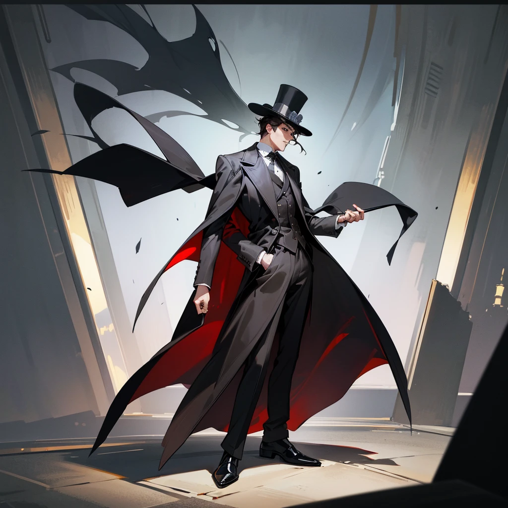masterpiece, Highest quality, Realistic, 1 person, Mature Men, A quiet and attractive young man, Age 25, Close ~ eyes, Serious expression, Highly detailed face, ((Dark grey eyes)), ((Short dark brown hair swept to the right)), [Thick eyebrows], Thief, city, ((Wearing a classic overcoat and top hat)), Cinema Lighting, Looking at the audience, Postural dynamics,Side angle、((Full body view))
