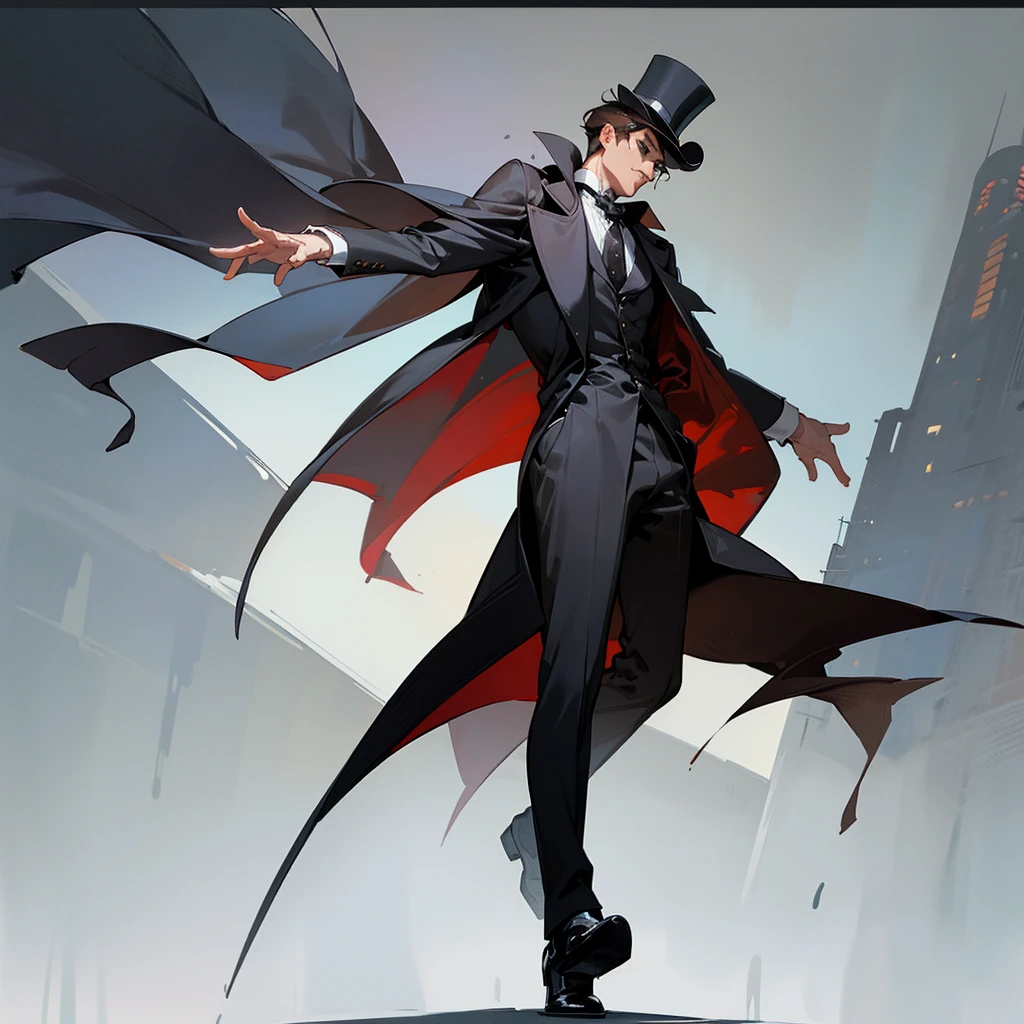 masterpiece, Highest quality, Realistic, 1 person, Mature Men, A quiet and attractive young man, Age 25, Close ~ eyes, Serious expression, Highly detailed face, ((Dark grey eyes)), ((Short dark brown hair swept to the right)), [Thick eyebrows], Thief, city, ((Wearing a classic overcoat and top hat)), Cinema Lighting, Looking at the audience, Postural dynamics,Side angle、((Full body view))