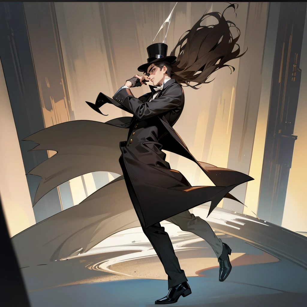 masterpiece, Highest quality, Realistic, 1 person, Mature Men, A quiet and attractive young man, Age 25, Close ~ eyes, Serious expression, Highly detailed face, ((Dark grey eyes)), ((Short dark brown hair swept to the right)), [Thick eyebrows], Thief, city, ((Wearing a classic overcoat and top hat)), Cinema Lighting, Looking at the audience, Postural dynamics,Side angle、((Full body view))