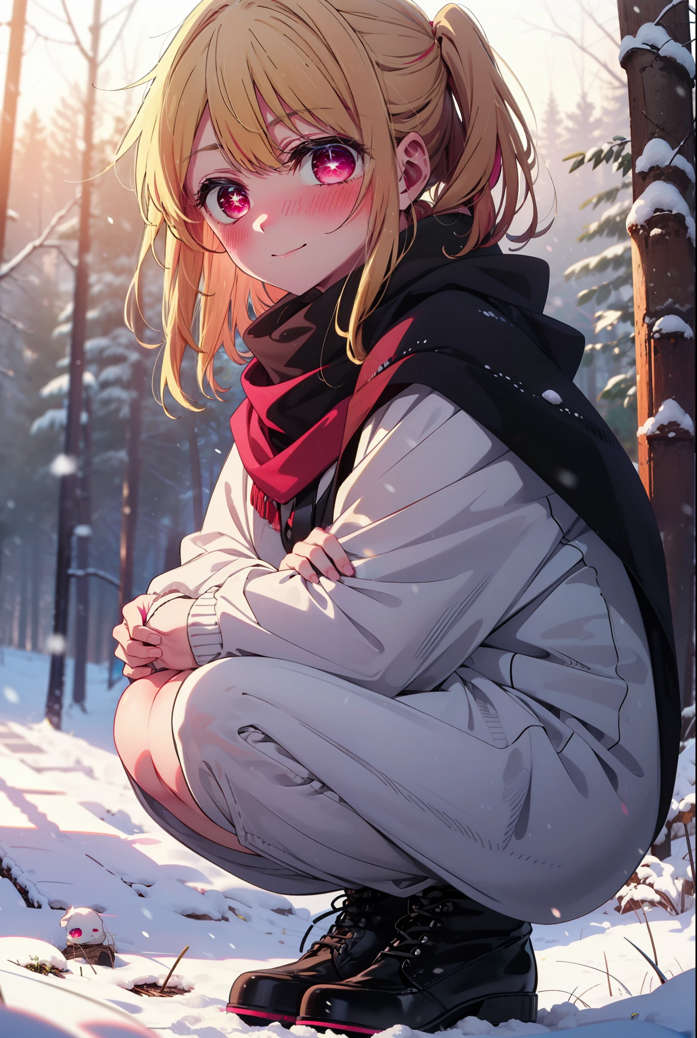 rubyhoshino, Hoshino Ruby, Long Hair, bangs, blonde, (Pink Eyes:1.3), Side Lock, (Symbol-shaped pupil:1.5), Multicolored Hair, Two-tone hair, smile,,smile,blush,white breath,
Open your mouth,snow,Ground bonfire, Outdoor, boots, snowing, From the side, wood, suitcase, Cape, Blurred, , forest, White handbag, nature,  Squat, Mouth closed, Cape, winter, Written boundary depth, Black shoes, red Cape break looking at viewer, Upper Body, whole body, break Outdoor, forest, nature, break (masterpiece:1.2), Highest quality, High resolution, unity 8k wallpaper, (shape:0.8), (Beautiful and beautiful eyes:1.6), Highly detailed face, Perfect lighting, Highly detailed CG, (Perfect hands, Perfect Anatomy),