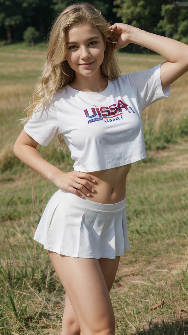 USA Cheerleader shirt, wearing USA miniskirt skirt, ukraine model, blonde wavy hair, 20 year old, 8K - Top Quality, Hour Glass Body, flirty smile, flirty pose, in the grass field. Peperfect hair, perfect hands, perfect face, large breasts, perfect eyes, accurate, anatomically correct, perfect clear and crisp focus, UHD, masterpiece