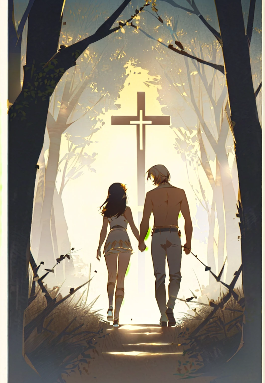 A man and a woman walking through the forest holding hands, Adam and Eve, The Fall of Man, artistic concept for a book cover, by Aleksander Kotsis, von Kristian Kreković, intricate full body view, by Aleksander Kobzdej, inspired by Asaf Hanuka, von Zoran Mušič