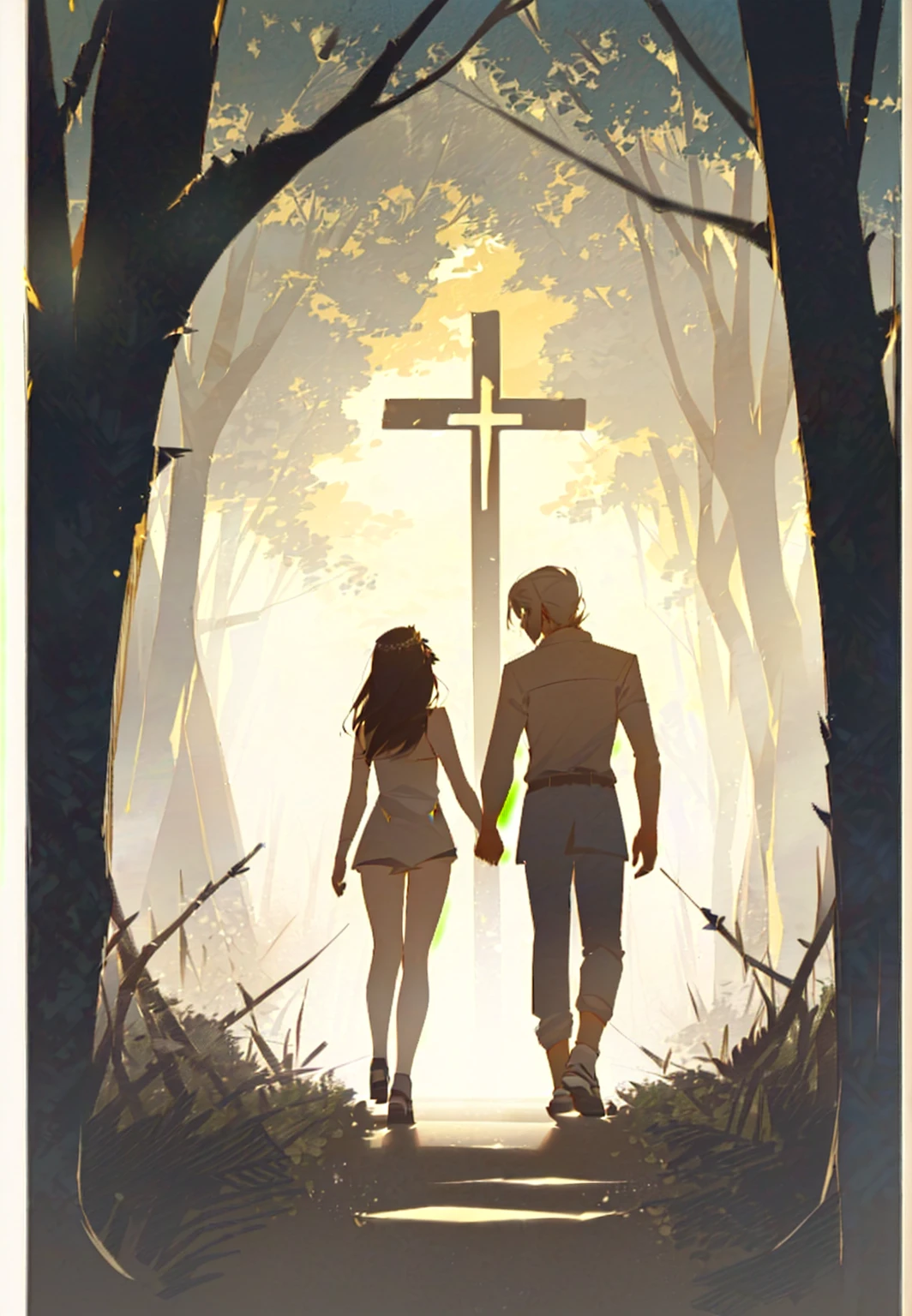 A man and a woman walking through the forest holding hands, Adam and Eve, The Fall of Man, artistic concept for a book cover, by Aleksander Kotsis, von Kristian Kreković, intricate full body view, by Aleksander Kobzdej, inspired by Asaf Hanuka, von Zoran Mušič