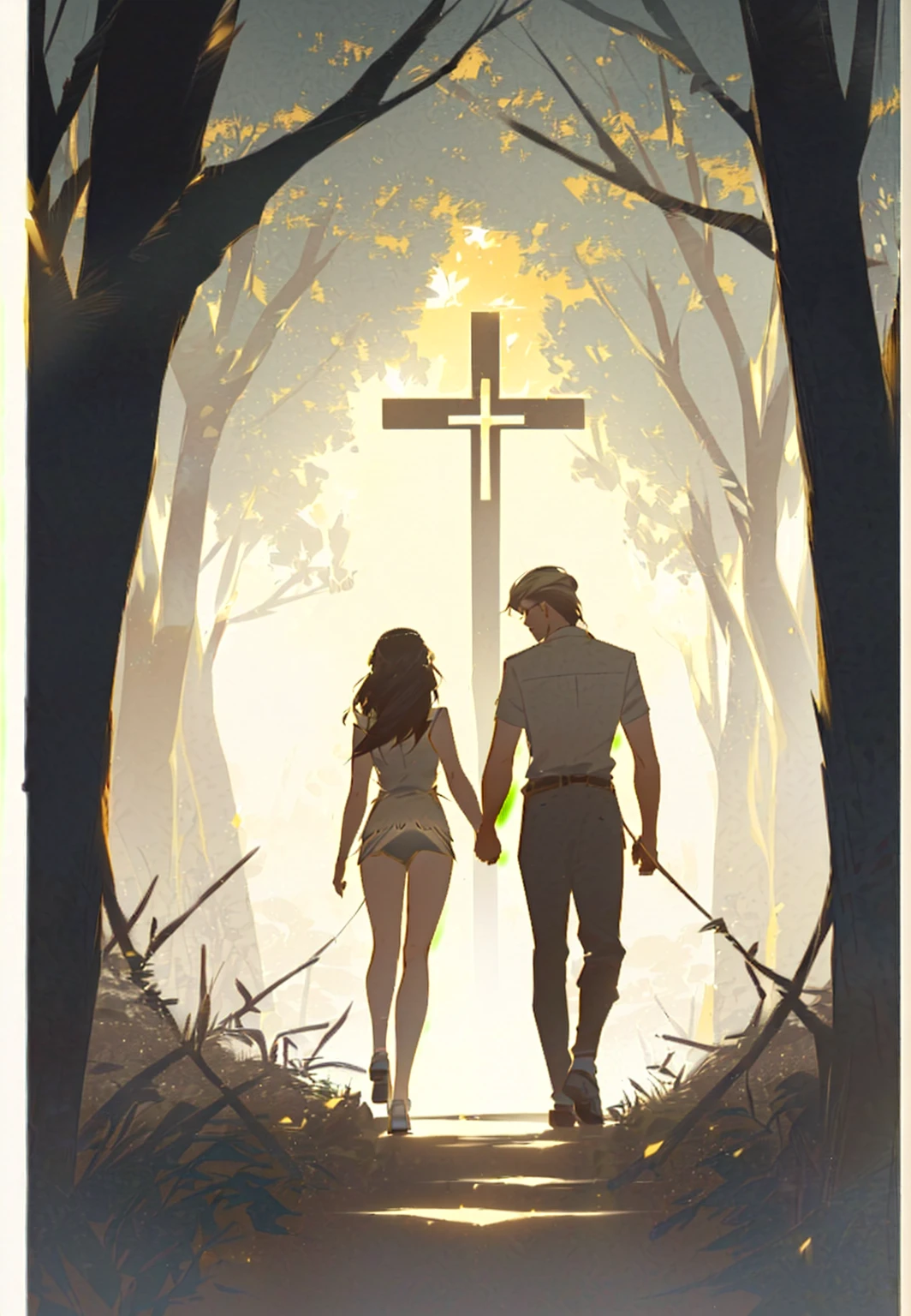 A man and a woman walking through the forest holding hands, Adam and Eve, The Fall of Man, artistic concept for a book cover, by Aleksander Kotsis, von Kristian Kreković, intricate full body view, by Aleksander Kobzdej, inspired by Asaf Hanuka, von Zoran Mušič