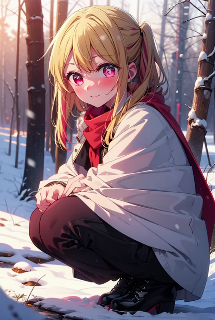 rubyhoshino, Hoshino Ruby, Long Hair, bangs, blonde, (Pink Eyes:1.3), Side Lock, (Symbol-shaped pupil:1.5), Multicolored Hair, Two-tone hair, smile,,smile,blush,white breath,
Open your mouth,snow,Ground bonfire, Outdoor, boots, snowing, From the side, wood, suitcase, Cape, Blurred, , forest, White handbag, nature,  Squat, Mouth closed, Cape, winter, Written boundary depth, Black shoes, red Cape break looking at viewer, Upper Body, whole body, break Outdoor, forest, nature, break (masterpiece:1.2), Highest quality, High resolution, unity 8k wallpaper, (shape:0.8), (Beautiful and beautiful eyes:1.6), Highly detailed face, Perfect lighting, Highly detailed CG, (Perfect hands, Perfect Anatomy),