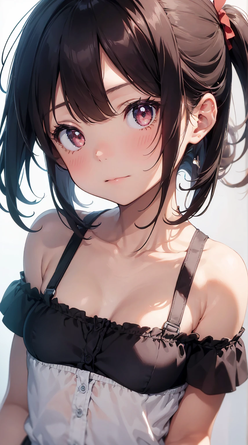1girl,face out of frame,close up viewer,bare_shoulders, blush,{lingerie},breast,closed_mouth, collarbone,looking_at_viewer,simple_background,small_breasts,solo,underwear_only,sun light,