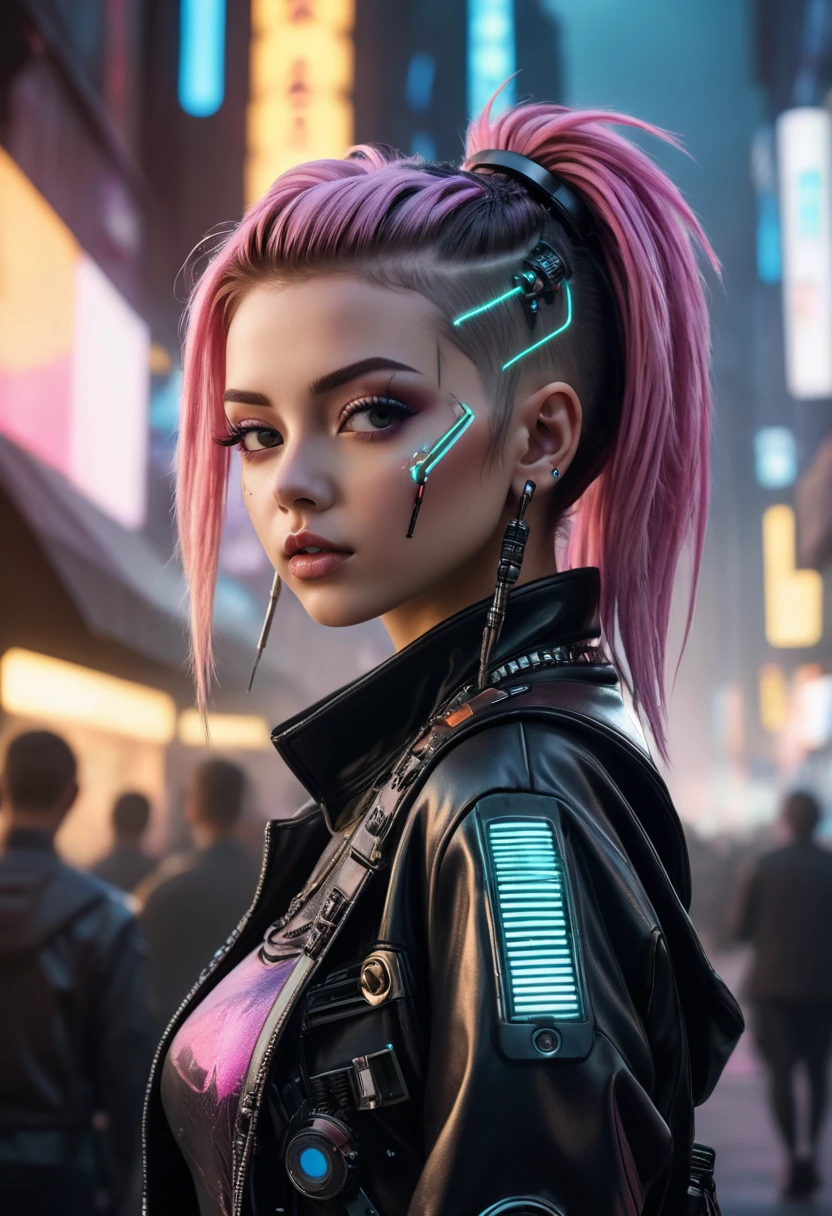 (top-quality,8K,32K,masterpiece,UHD:1.3),ultra high res,(Photorealsitic:1.4),RAW photo, cyber punk girl, detailed cute face,cyber punk hair,cyber punk fashion,highly detailed clothes,half body shot,
,cyber punk city background,Back light effect, lens flare, depth of fields, cyberpunk