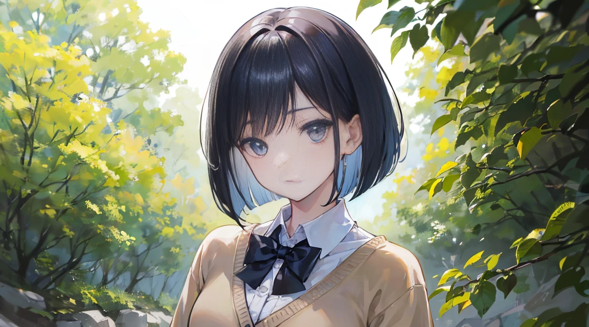 (Bob Cut Hair:1.2),(Wear a cardigan over a collared shirt:1.2),1 girl,Japanese,21 years old,(Small breasts:1.3),(Highest quality,masterpiece:1.3,超A high resolution,),(Ultra-detailed,Caustics),(Photorealistic:1.4,RAW shooting,)Ultra-Realistic Capture,Very detailed,High resolution 16K human skin close-up。 Natural skin texture、,Pores、、It needs to be detailed enough to be easily identifiable。 Skin should be even-toned and healthy looking。 Use natural light and colour, Sad expression, Looking at the camera, Perfect dynamic composition, Outdoor