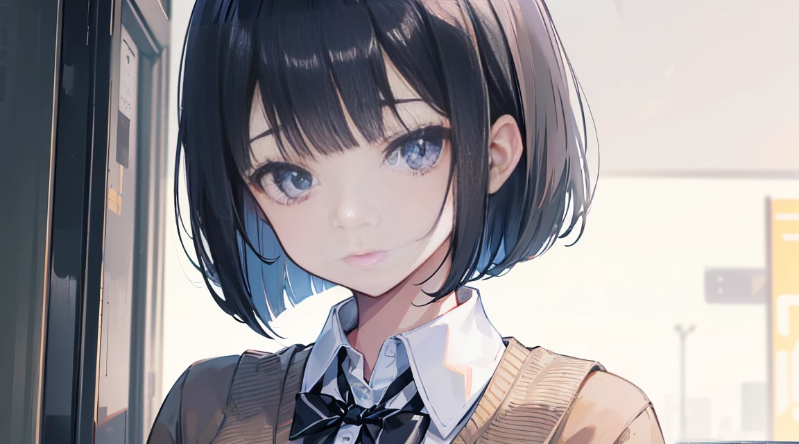(Bob Cut Hair:1.2),(Wear a cardigan over a collared shirt:1.2),1 girl,Japanese,21 years old,(Small breasts:1.3),(Highest quality,masterpiece:1.3,超A high resolution,),(Ultra-detailed,Caustics),(Photorealistic:1.4,RAW shooting,)Ultra-Realistic Capture,Very detailed,High resolution 16K human skin close-up。 Natural skin texture、,Pores、、It needs to be detailed enough to be easily identifiable。 Skin should be even-toned and healthy looking。 Use natural light and colour, Sad expression, Looking at the camera, Perfect dynamic composition, Outdoor