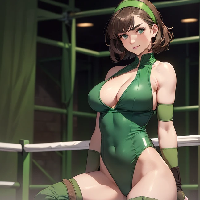 Master piece, best high quality image, carefully detailed details and textures, alone character, full body view
{{(1character: 50 years old brown haired human woman noble: (fair skin, short straight brown hair, beautiful blue eyes, beautiful face, sharp eyebrows, voluptuous figure, big breasts, beautiful legs, comedic smile, crouching pose), (green headband, pale-green one-piece wrestler leotard, cleavage, green arm sleeves, dark-green fingerless gloves, green long wrestler boots, pale-green knee pads, pale-green elbow pads, short blue cloak), (wrestlers gym))}}