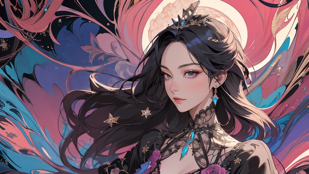 Generate a striking Victorian woman standing in front of beautiful, Intricately shimmering damask silk wallpaper. Her face is amazing, Have elegant cheekbones, Aristocratic nose, Swollen lips. Her eyes are very interesting with their bold colors and realistic shading.。, including The finer details. Her gown is made of French silk, satin, race, Decorated with ribbons, Delicate embroidery, Multiple layers, Rich colors. Include magical and Very detailed roses in different shades of Sparkleing color. Include interesting content, Flowing, Realistic Hair. Taking great inspiration from Victorian fashion. Include many The finer details such as stars, Glitter, Sparkle, jewelry, and beautiful filigree. This is a heavily Stylized image with high visual interest and subtle abstract detailing. Brilliant, The finer details, grace, beautiful, amazing, Best Image Ever, Very detailed,(Fractal Art:1.2),colorful,Most detailed,(Tangled:1.2), (Dynamic pose), (Abstract background:1.5), (Many colors:1.4), Upper Body, masterpiece, 最high quality,high quality,High resolution, 16K,born,ultra High resolution,Super detailed,In detail,an extremely delicate and beautiful,Very detailed,True Shadow, anime,Very detailed drawing,Award-winning and captivating paintings,Great painting,Art Style,Stylized,