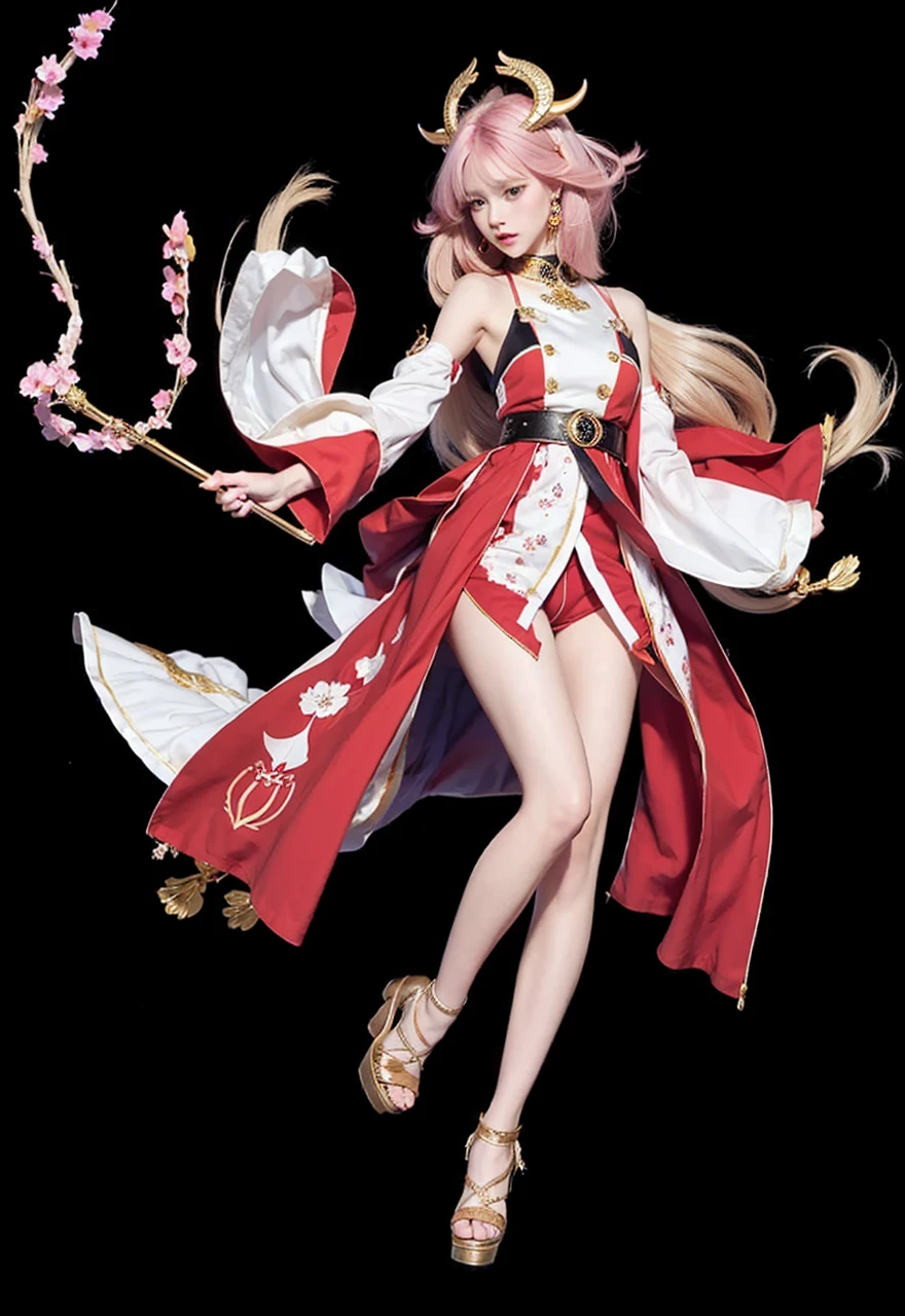 

1. **hair**:
   - Color: pink.
   - Length: shoulder length.
   - Form: hairstyle with straight hair, slightly wavy at the ends, with short straight bangs.

2. **Head and face**:
   - Oval shaped face.
   - Eyes are big, with purple irises.
   - Facial expression is calm and confident.

3. **cloth**:
   - Main part: white dress with high collar.
   - Details: the dress is decorated with red and gold elements, with flower patterns.
   - Sleeves: wide, long, with red trim and white patterns.
   - Belt: decorated with gold and purple elements.
   - The bottom of the dress is divided into two parts at the front, revealing red shorts.

4. **accessories**:
   - Gold jewelry on the head, like horns or wings.
   - Drop earrings with gold and red elements.
   - On foot: Platform sandals, with white straps and gold jewelry.

5. **General style**:
   - cloth и аксессуары имеют традиционный восточный стиль, Maybe, with elements of Japanese culture.

The girl looks elegant and sophisticated, with a distinctly aristocratic style.