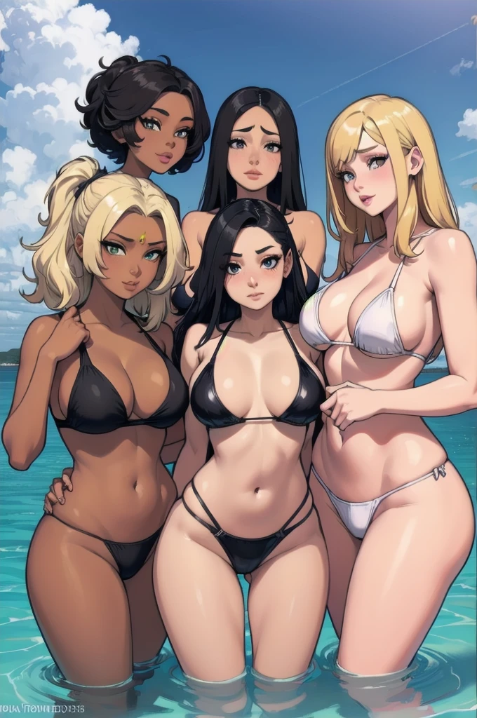 Group of gorgeous girls having fun at the beach, perfect bodies, (diverse ethnicities:1.4), diverse skin colour, diverse hair style, diverse body types, beautiful faces, detailed eyes, cute swimwear, unique appearances, vastly different body types, (different hair colours), (vastly different appearances:1.2), (unique hair styles, unique hair colours), (Asian, African, Caucasian, Indian), curvy ginger girl, toned Indian girl, busty blonde girl, very tall African girl