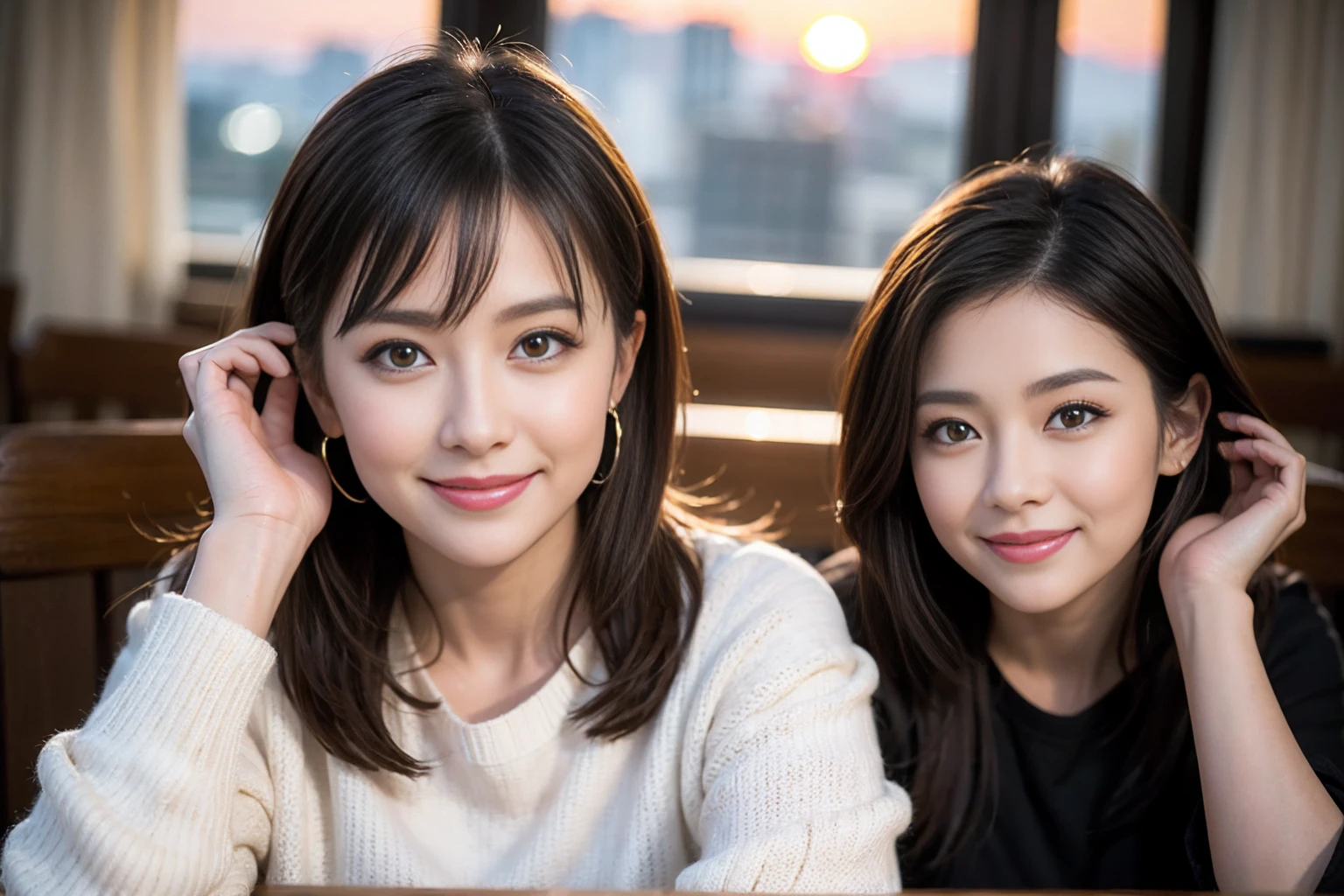 (Realistic:1.2),(masterpiece,Highest quality),8k,((men and women)),Age 35,37 years old、最高のsmile、Happy Couple, Full course dinner at the table、Wine Party、wine glass、White wine、sparkling wine、red wine、Upper Body、Tight waist,Perfect Anatomy, Brown Hair, short hair,Random Hairstyles,Amazing view of the sunset sky and clouds、Long sleeve shirt、dress,((Highly detailed face and eyes:1.2))(Cute Face:1.4),Beautiful actress face,Perfect golden ratio face,woman'suit、Nice,(smile:1.2)、